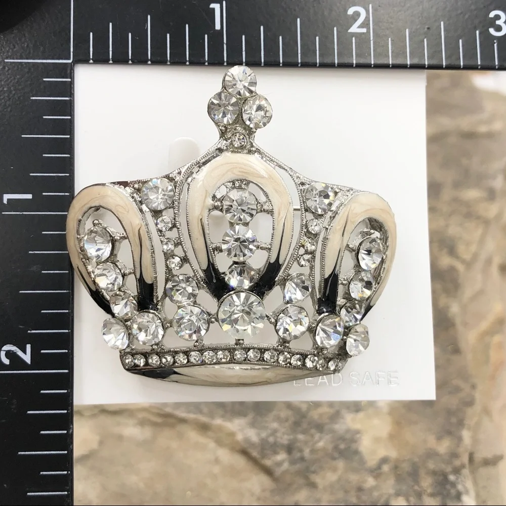 Large Enamel Painted Rhinestone Bling Crown Pin